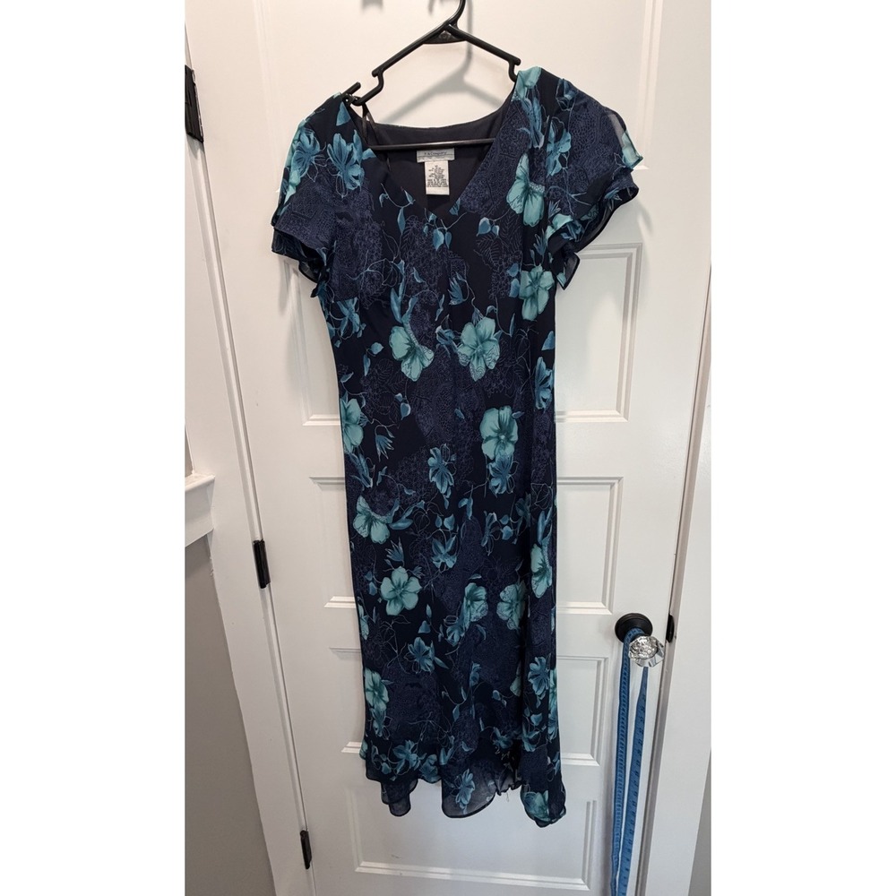 K & Company Dress 10 Navy Turquoise Floral V-Neck Flutter Sleeve Midi